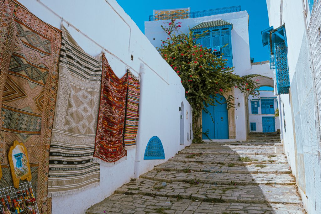 Explore the colorful charm of Carthage's traditional street with hanging carpets and blue doors.