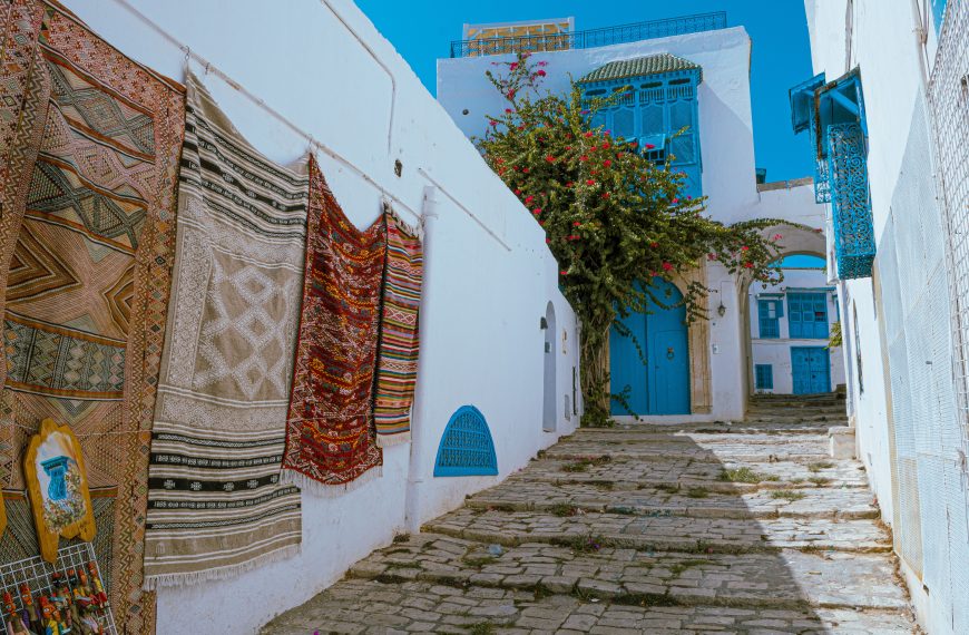 Explore the colorful charm of Carthage's traditional street with hanging carpets and blue doors.