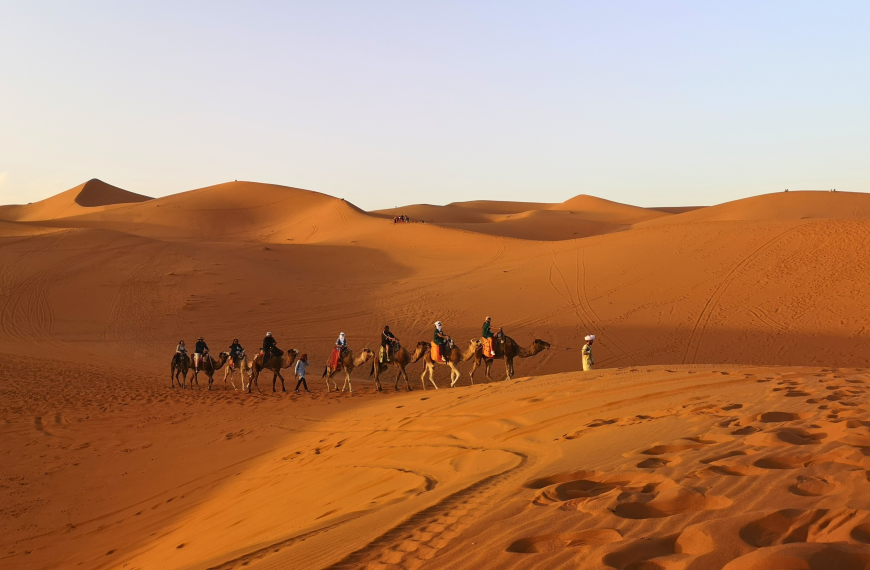 A group of people riding camels across the vast dunes of the Sahara Desert during sunset.
