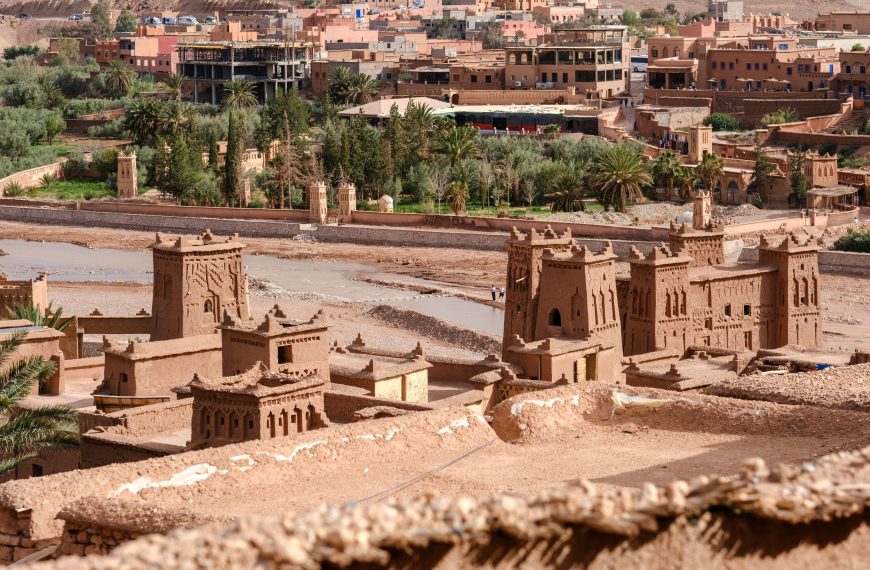 Scenic view of Ait Benhaddou's ancient architecture nestled in Morocco's Atlas Mountains.