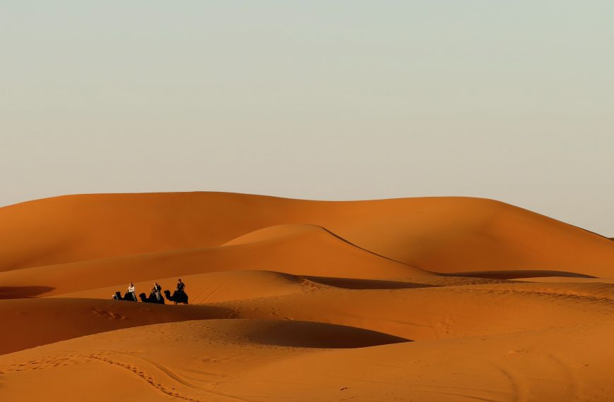 A group of camels and riders traverse the rolling sand dunes of the Moroccan desert under a clear sky.
